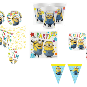 NEW KIT 24 OSPITI COORDINATO TAVOLA MINIONS CON TOVAGLIA, PALLONE FOIL FESTONE BANDIERINE